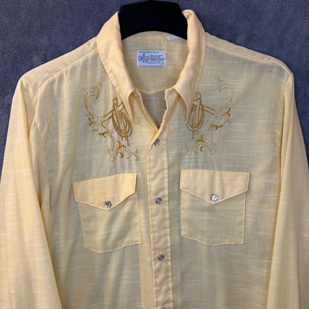 VTG Kmart Mens L Western Pearl Snap Permanent Press‎ Yellow Embroidered Shirt